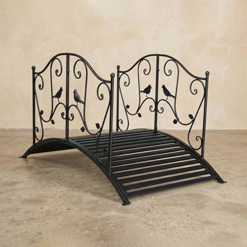 Pont de jardin en fer avec rampes à motif d'oiseaux et rampes arquées, pont de jardin décoratif en métal pour cour extérieure