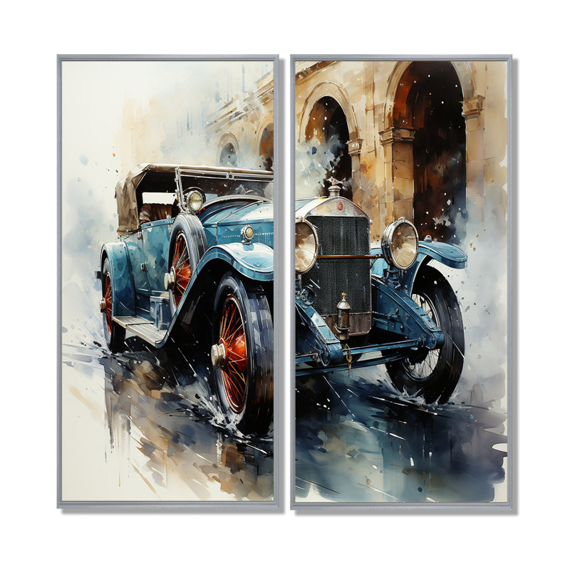 Une aquarelle capturant une voiture rétro - décoration murale rétro surdimensionnée, H 40 po x l 40 po, Argent argent