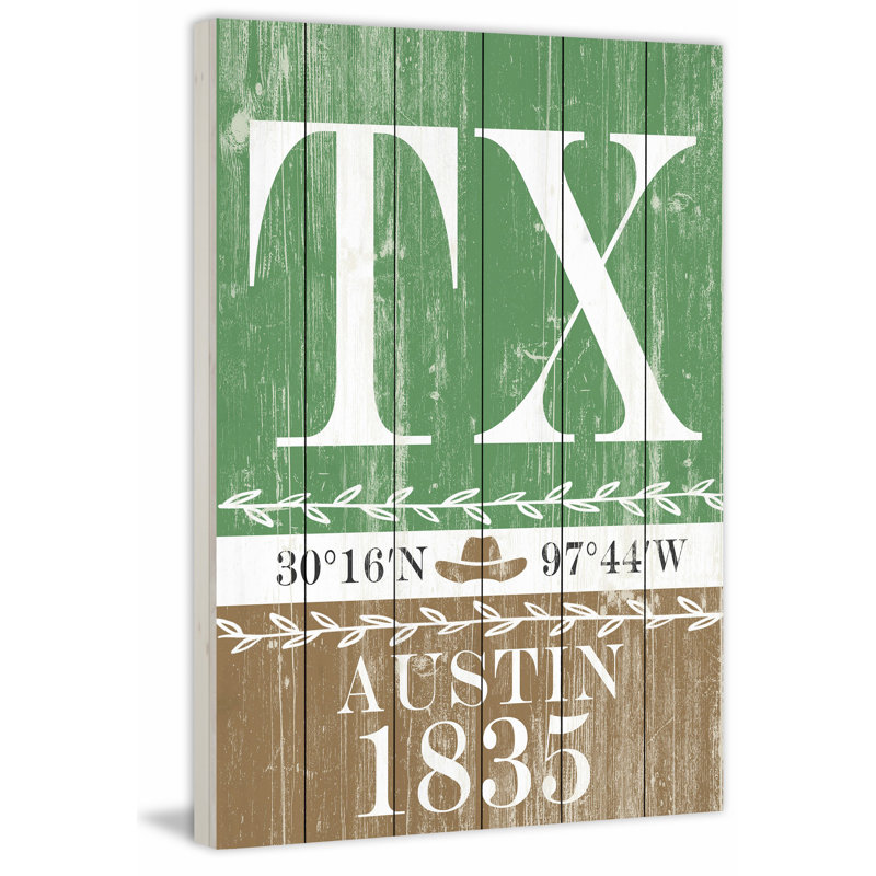 « Austin 1835 », art textuel sur bois, H 18 po x l 12 po