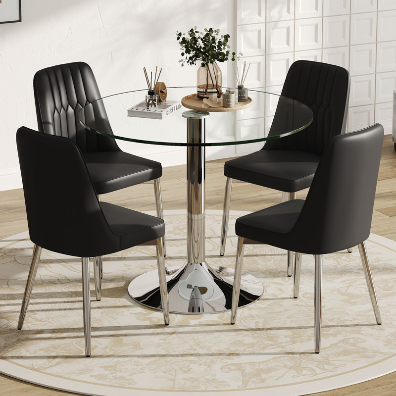 Modern Tempered Glass Round Dining Table Set With PU Leather Upholstered Dining Chairs, Black, 5 Pieces: Table, 4 Chairs