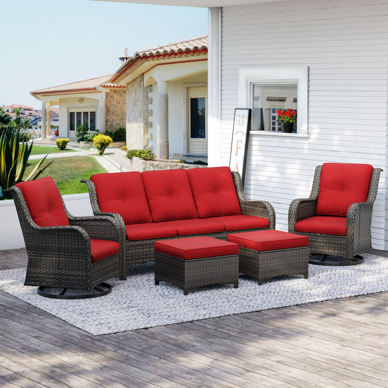 Wicker 5 - Person Patio Conversation Set with Cushions, Red