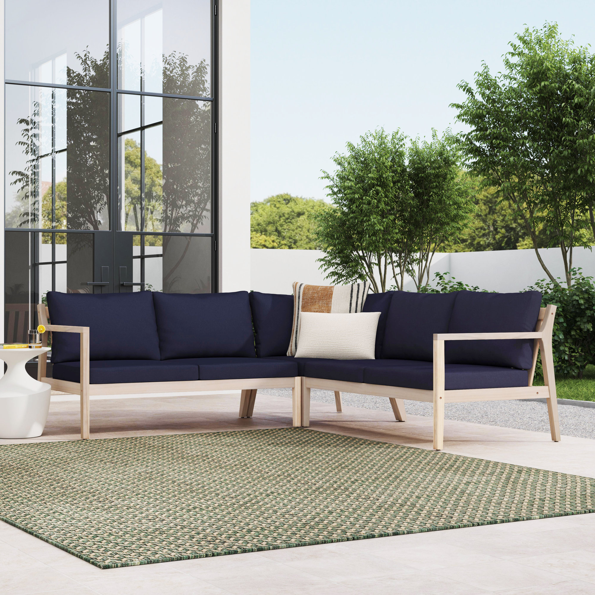Amina Solid Acacia Wood L-Shaped Outdoor Sectional (3-Piece Set), Navy