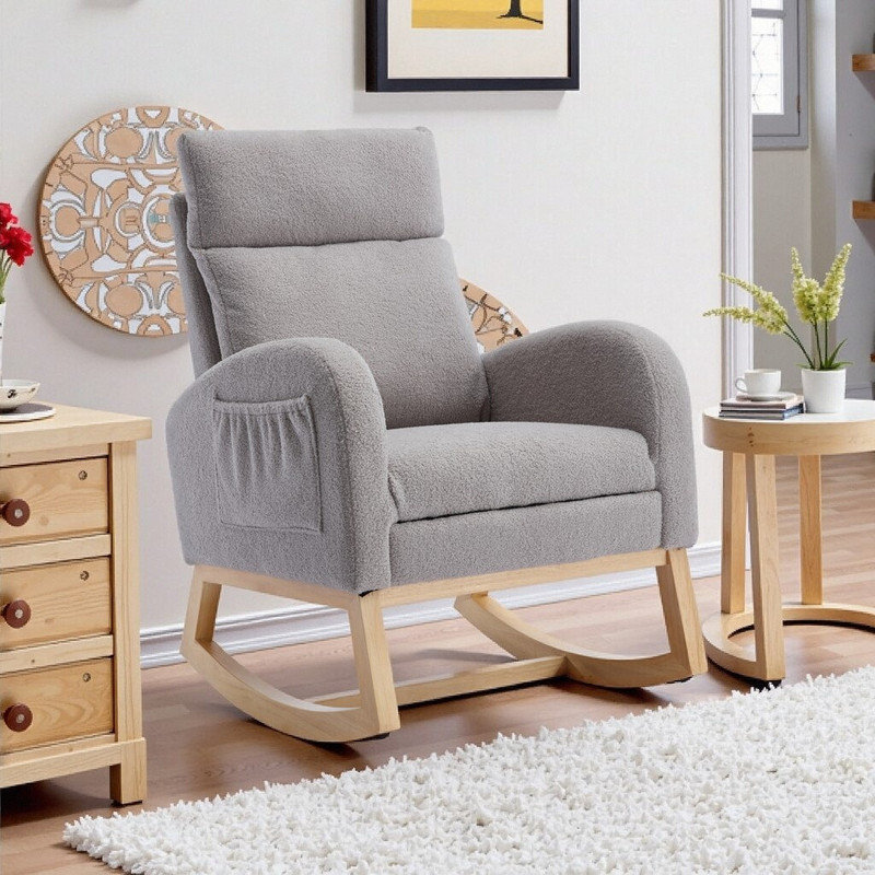 Chaise berçante à base en bois massif avec repose-pieds réglable et pochette de rangement, Gris