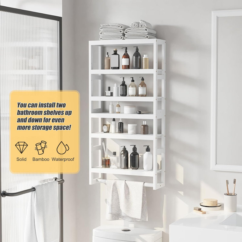 Tablette de salle de bain réglable au-dessus de la toilette avec barre de suspension - Organisateur de rangement mural en bambou robuste pour la salle de bain, la cuisine, la chambre à coucher