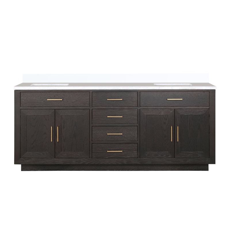 Ensemble de meuble-lavabo double 80 ", Chêne brun, Marbre de culture blanc