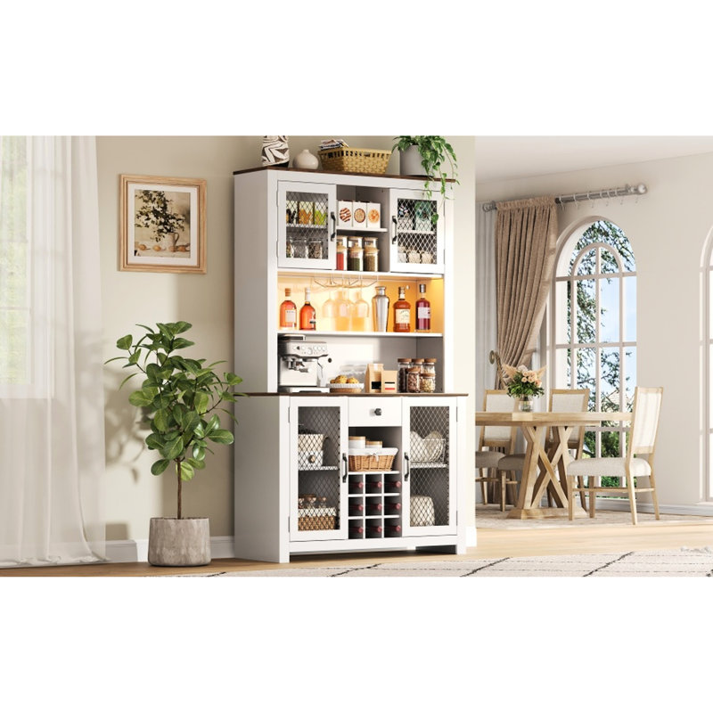 70.9" Kitchen Storage Cabinet With Led , 6 - Glass Stemware Rack, And Metal Mesh Doors Built In Power & Outlets, Decorative Lighting For