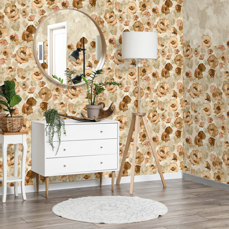 Julie Feels Home Collection Glitter/Shimmer Large Paeonia Flowers Wallpaper Roll, Mandarine Beige