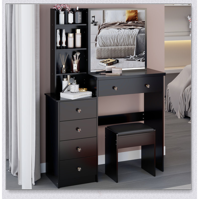 37-Inch Middle Size Vanity Table With Cushioned Stool, Extra Large Sliding Mirror, Multi-Layer Storage, And Fashionable Design For Modern Bedrooms