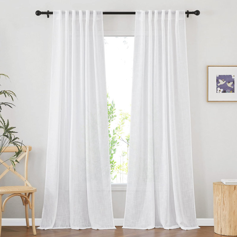 95 Inches Long Natural Linen Curtains 2 Panels, Pinch Pleated Hooks Thick Linen Textured Window Drapes Back Tab Semi Sheer Light Filtering