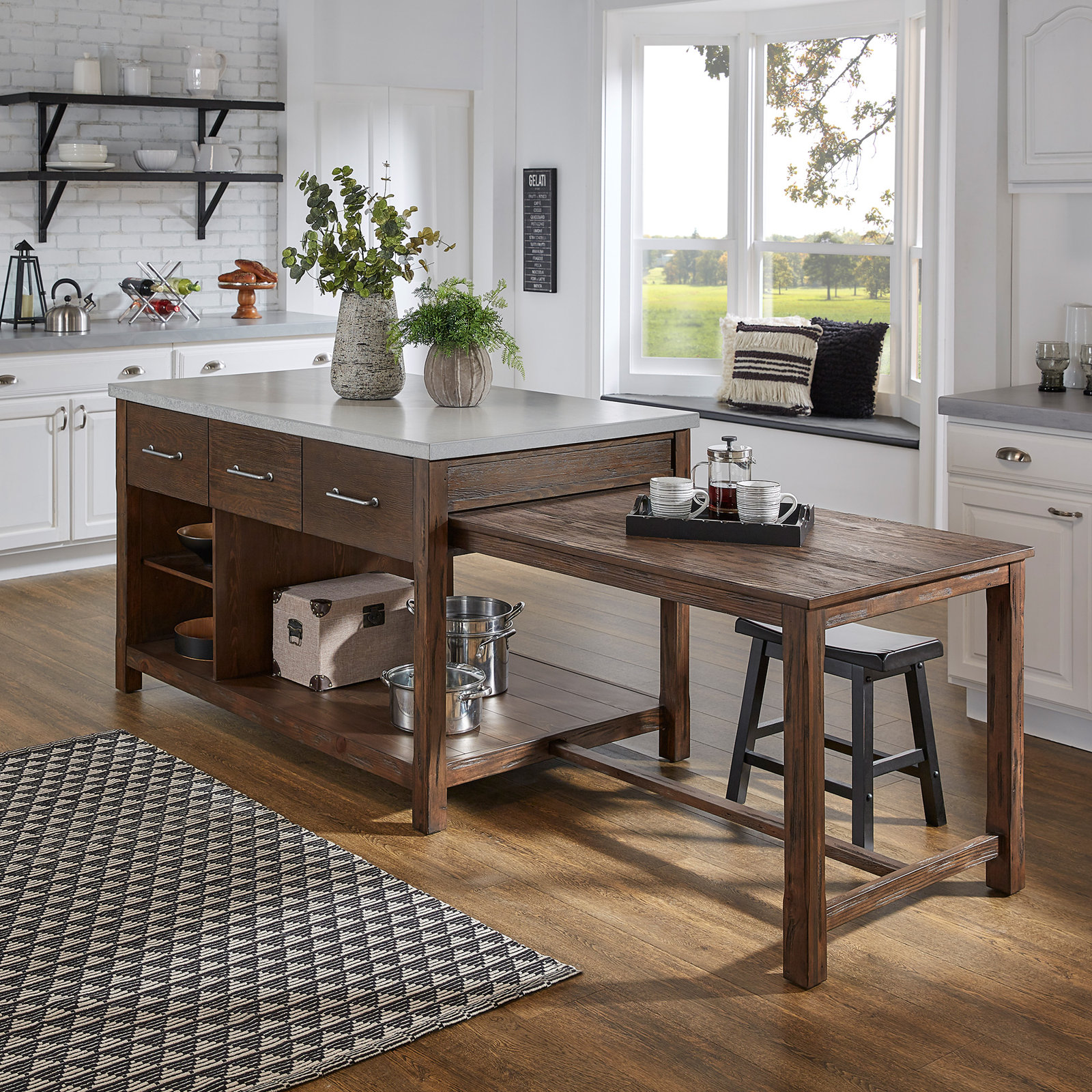 Tinka 3-Drawer Rectangle Pine Kitchen Island , Concrete Veneer, Brown