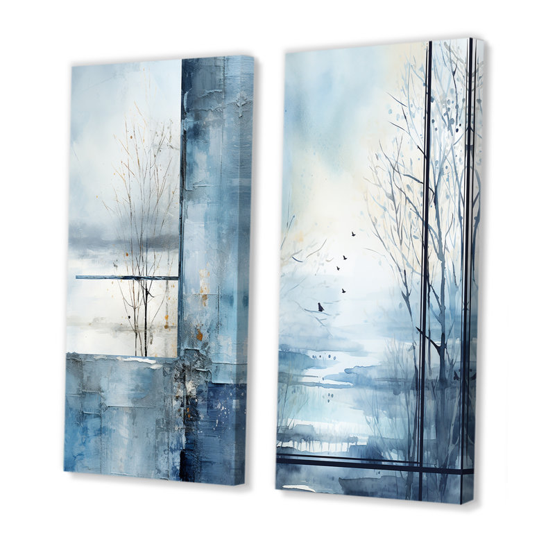 «White and Blue Winter Forest Collage IV - Winter Landscape», ensemble de 2 reproductions d'art sur toile, Toile tendue