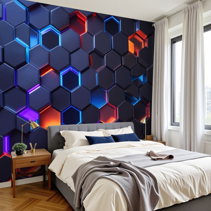 Papier peint Neon Peel and Stick Futuristic Hexagon Neon Glow Blue Red Mauve, L 144 po x l 100 po
