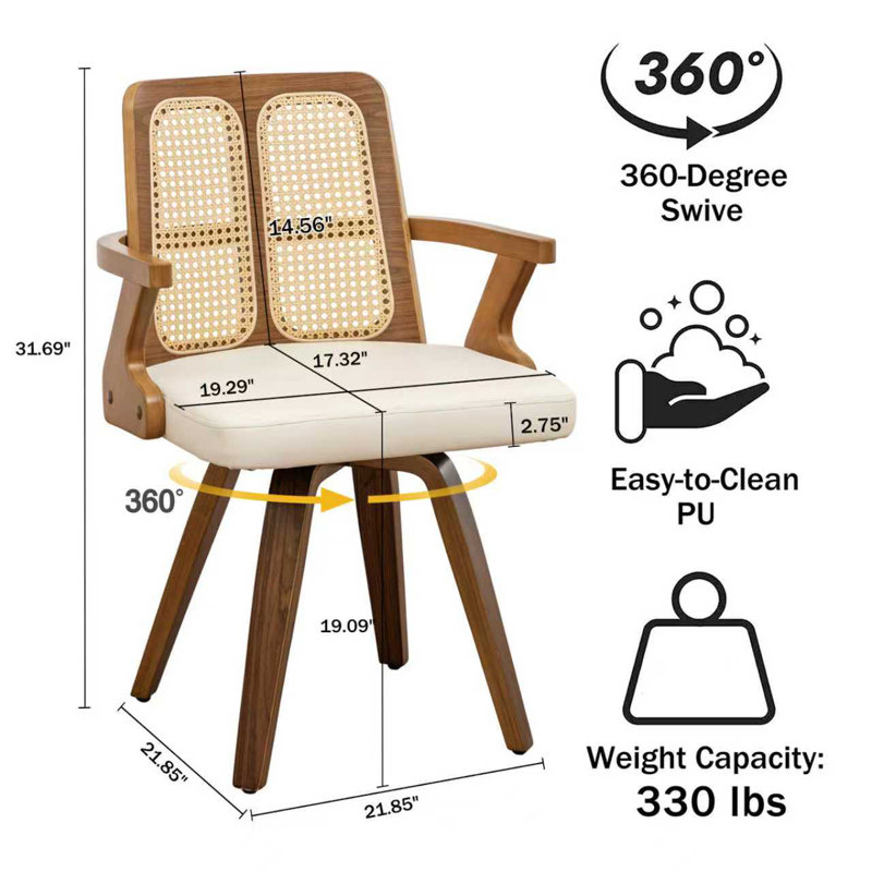 Chaise moderne rembourrée en similicuir à dossier en rotin, Beige