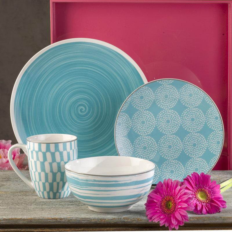 Turquoise and White Ceramic Outdoor Dinnerware Set, Service for 4