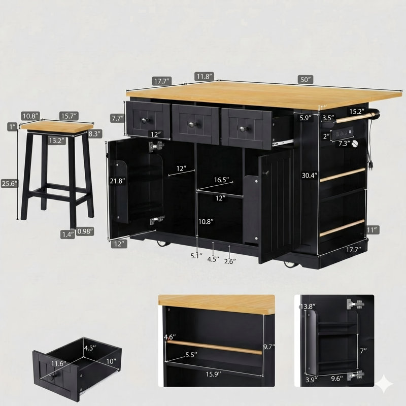 Îlot de cuisine spacieux de 53 pouces avec 2 tabourets de bar inclus, prise électrique, support de rangement derrière la porte, 5 roulettes, comptoir à abattants, 5 tablettes latérales ouvertes et 3 tiroirs - finition noire, livré dans trois boîtes