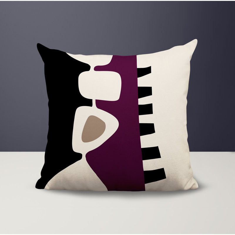Oreiller carré réversible intérieur / extérieur Kanai, H 17 po x l 17 po, Mauve / noir / blanc cassé abstrait