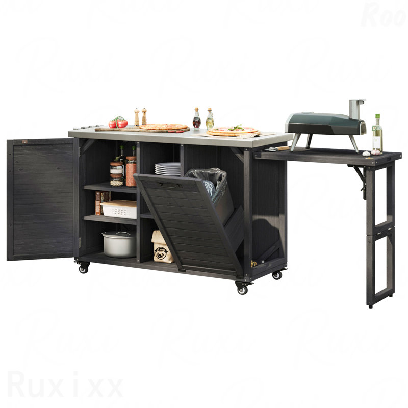 78.3" Outdoor Kitchen Island With Foldable Grill Table, Wooden Outdoor Grill Cart With Trash Can Storage & Stainless Steel Top, Outdoor Bar Cart, Pizza Oven Table For Lawn & Garden