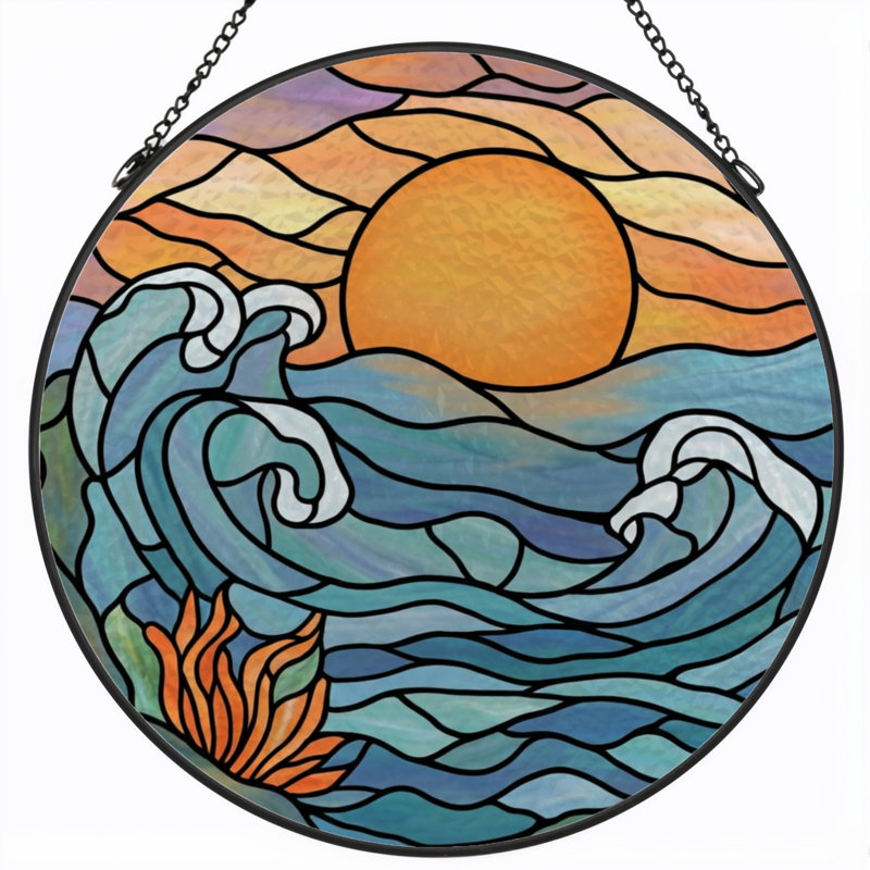 7.8"H Ocean Sunset Stained Glass Window Panel, 7.8" H x 7.8" W