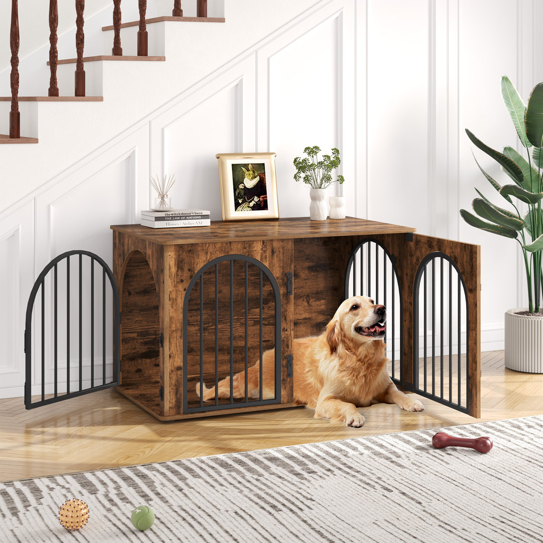 Dog Crate Furniture, 100 cm Wooden Dog Crate, Indoor Kennel for Small/Medium/Large Dogs, End Side Table Animal Crates, Anti-Chew, Anti-Escape, Arched