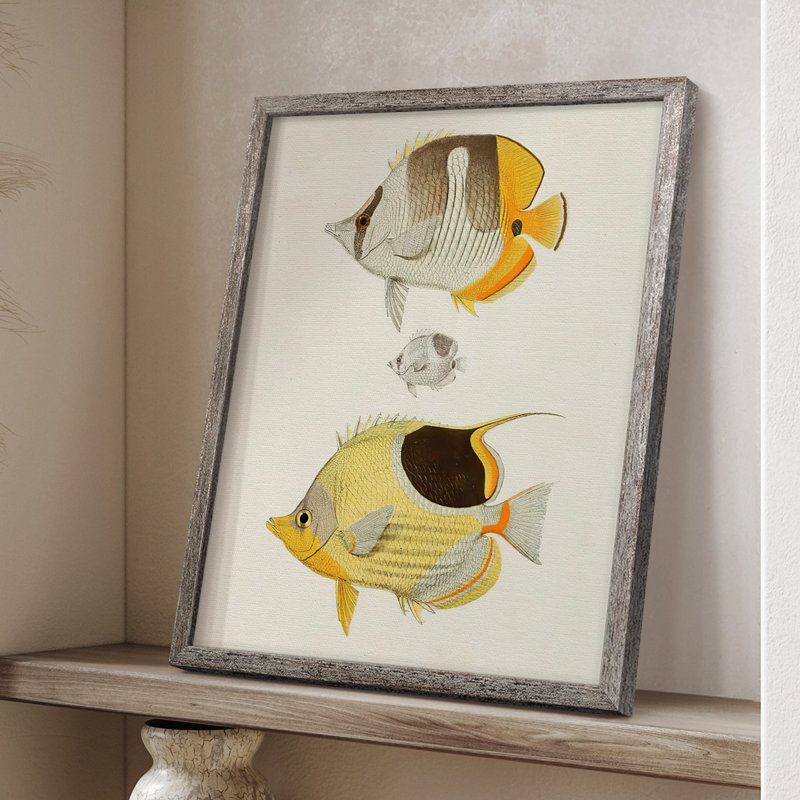 «Yellow & Gray Fish II», reproduction encadrée - bois massif, H 21 po x l 17 po