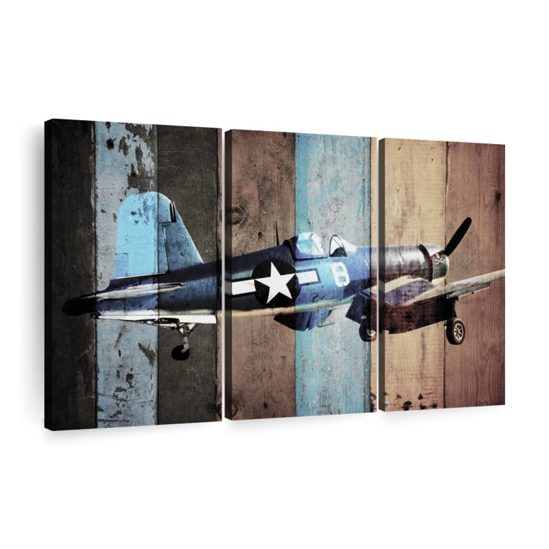 Avion rétro sur toile, ensemble de 3 pièces, H 28 po x l 45 po x P 1,25 po