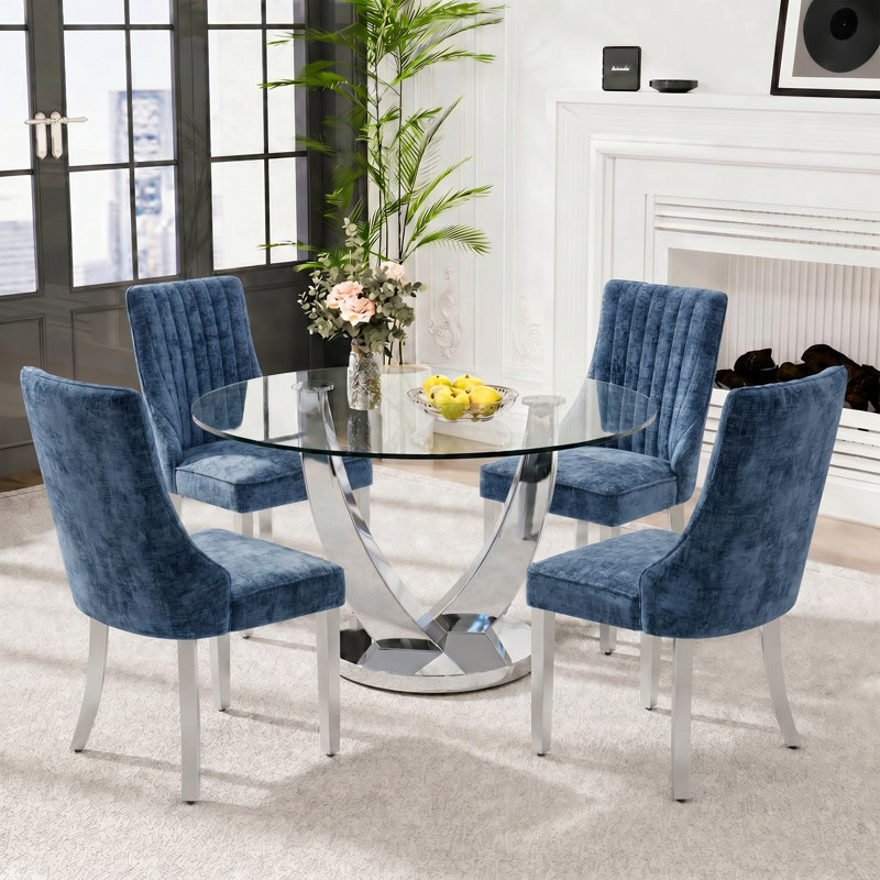 47.2" Round Glass Dining Table Set for 4, Modern 5-Pieces Kitchen Table set, Tempered Glass Table with 4 Chenille Upholstered Chairs, for Kitchen, Dining and Apartment