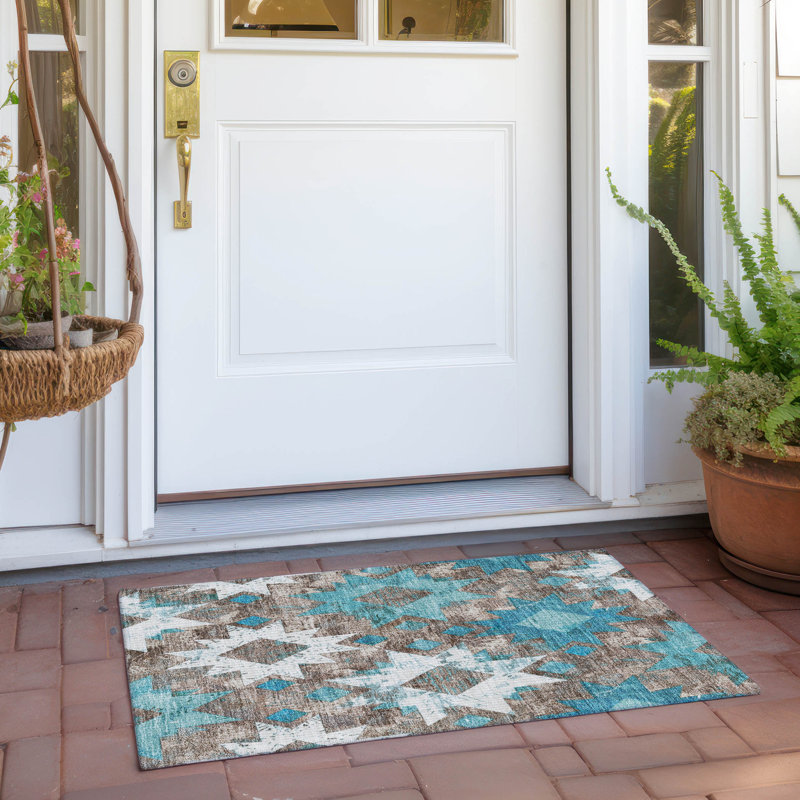 Tapis bleu sarcelle lavable à la machine intérieur / extérieur Xhevrie, Rectangle 1 pi 8 po x 2 pi 6 po