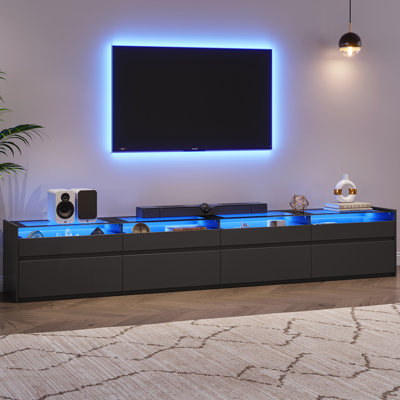 Meuble télé moderne de 240 cm (94,5 po) avec éclairage DEL, centre multimédia avec 8 tiroirs pour téléviseur jusqu'à 254 cm (100 po)