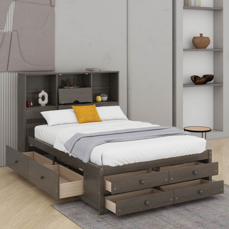 Lit plateforme avec tête de lit avec rangement et 8 tiroirs, Gris, Grand lit