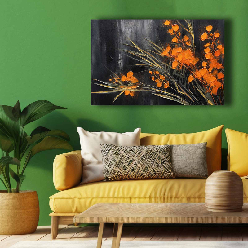 Golden Bloom On Charcoal Canvas Wall Art