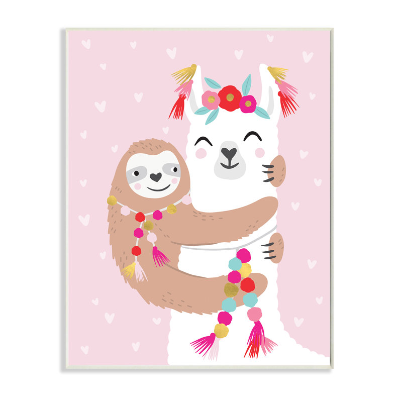 Paresseux étreignant un lama à motif floral rose, Plaque murale, H 19 po x l 13 po x P 0,5 po