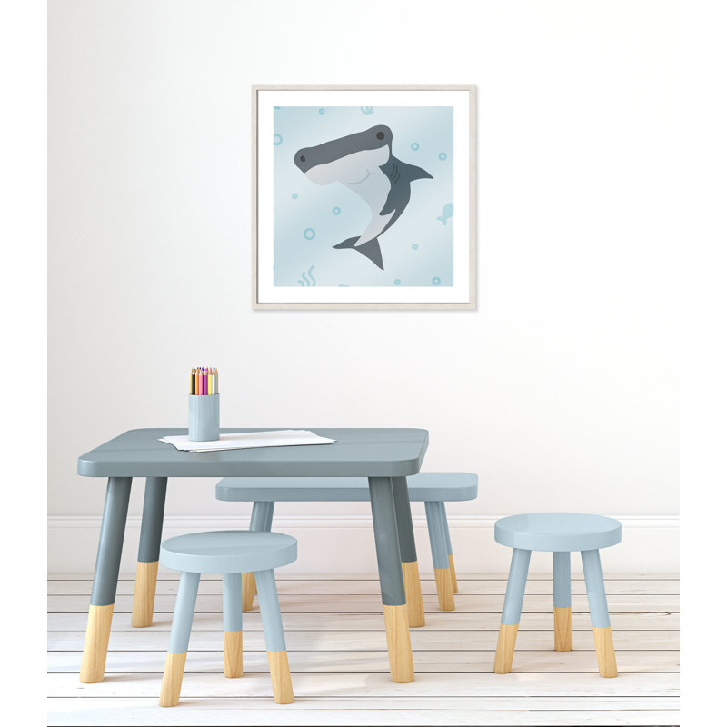 Impression sur papier Happy Hammerhead, H 26,5 po x l 26,5 po x P 1,18 po, Encadré de boîte à grain de bois blanc