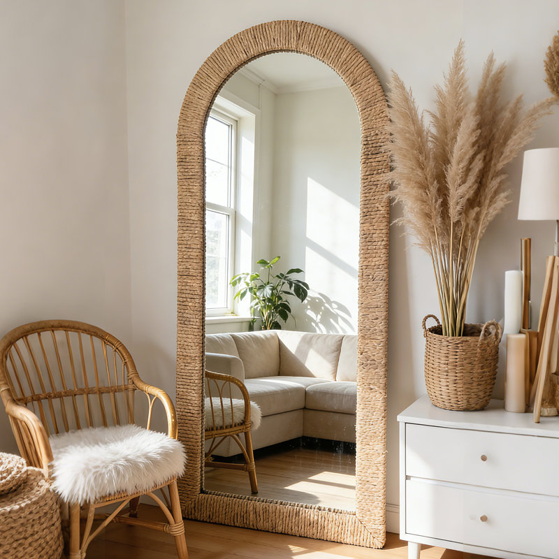 Miroir pleine longueur arqué tissé à la main pour salon, chambre à coucher, debout ou mural, H 71 po x l 31 po