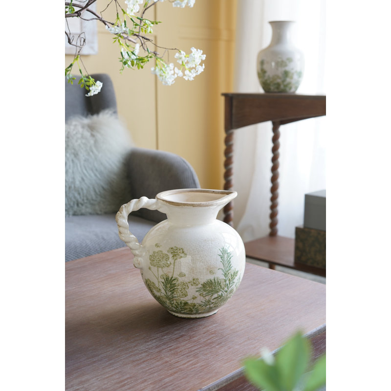 Vase en céramique blanc 8 x 6,5 x 7,5 po avec motifs botaniques verts et poignée torsadée