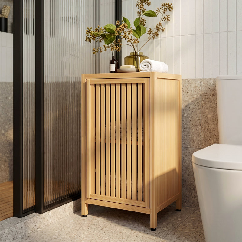 Armoire de rangement de salle de bain en bambou, armoire de plancher autoportante avec porte et tablette pour salle de bain, salon, chambre à coucher, couloir, cuisine