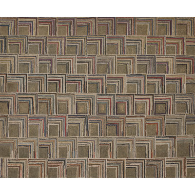 Antique American Folk Art Log Cabin Pattern Hooked Rug