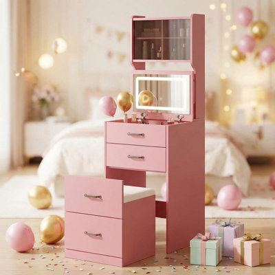 Bureau de coiffeuse 3-en-1 avec 3 couleurs de DEL, ensemble de coiffeuse de maquillage compact avec 2 prises CA et USB, coiffeuse avec tiroirs et portes en acrylique, miroir de coiffeuse de table de chevet, boîte à bijoux, fauteuil caché rembourré