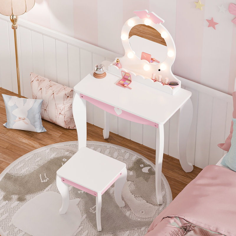 Ensemble de coiffeuse pour enfants avec miroir lumineux et tabouret, Blanc