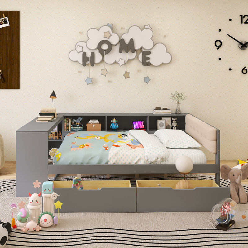Lit plateforme double en bois avec tête de lit tapissier et station de charge, Gris, Lit double