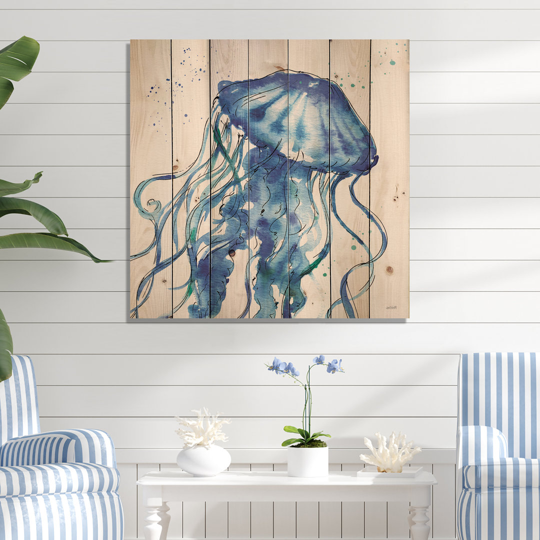 Blue Deep Sea X - Coastal Print on Natural Pine Wood East Urban Home 
