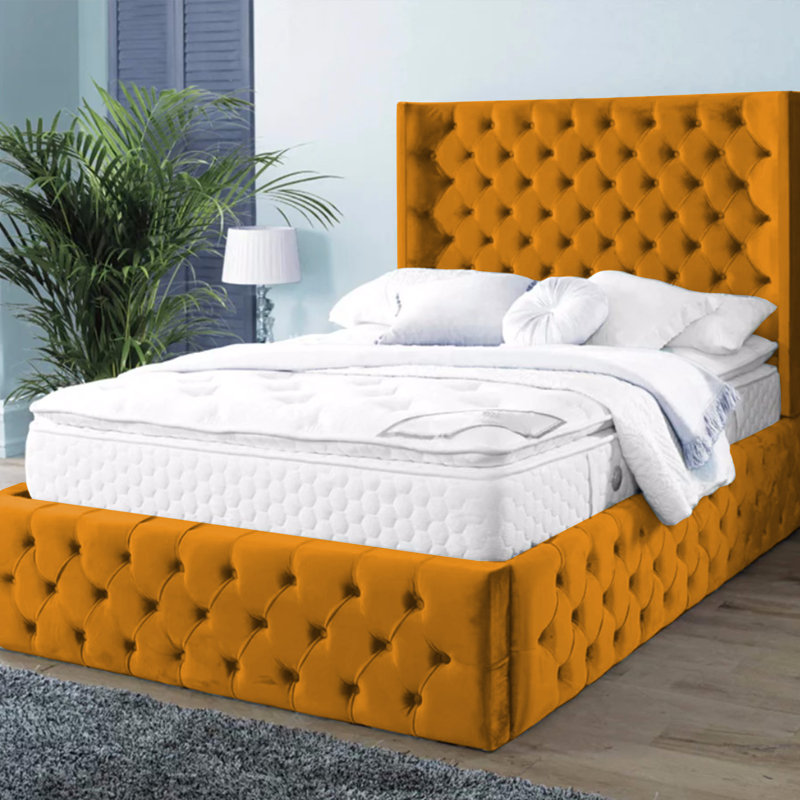 Buckingham Chesterfield Velvet Upholstered Bed Frame - Deep Button, Sprung Slats, Mustard, Single (3')