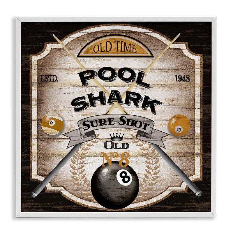 Rustic Pool Shark Giclee Art, design by Conrad Knutsen, 17" H x 17" W, Coastal White Framed Giclee