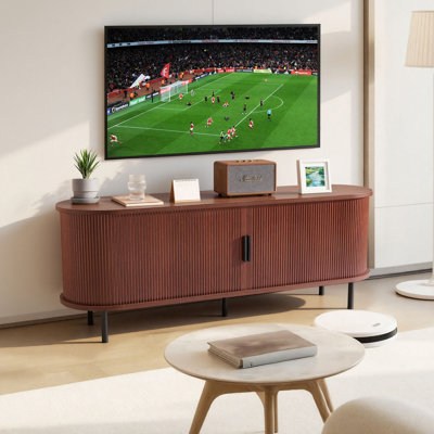 Meuble télé, meuble audio-vidéo pour téléviseur de 58 po ou moins, capacité de charge de 350 lb, meuble télé avec tablettes de rangement réglables et porte roulante, meuble télé pour le salon, la chambre à coucher, brun