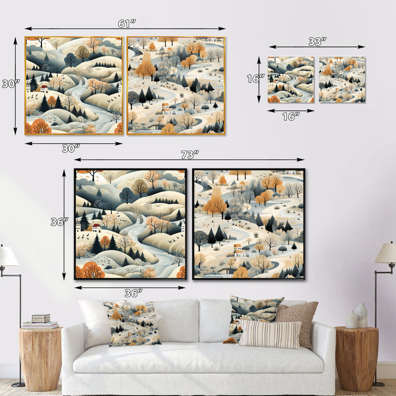Summer Scandinavian Landscape - Ensemble de 2 collages carrés, Cadre flottant blanc, H 36 po x l 73 po