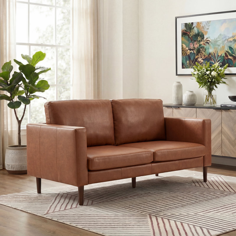 Ashvini 65" W Faux Leather Square Arm Loveseat with Reversible Cushions, Coffee/Dark Brown Wood