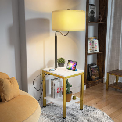 Rustic Brown End Table Floor Lamp With USB Charging Port, Power Outlet, Adjustable Arm, White 1Pk -  Mercer41, 3BD5C5F4E43443D9967597385BF37107