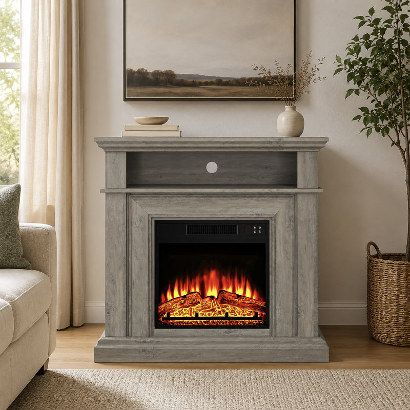 Meuble télé avec foyer électrique gris-brun de style campagnard – Chauffage sur pied, tablette de rangement ouverte, Bronze