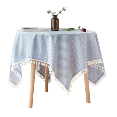 Blue Striped Tasseled Cotton Blend Tablecloth