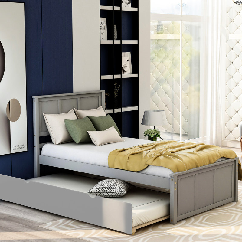 Lit plateforme gris avec lit gigogne amovible et structure en bois massif, Gris