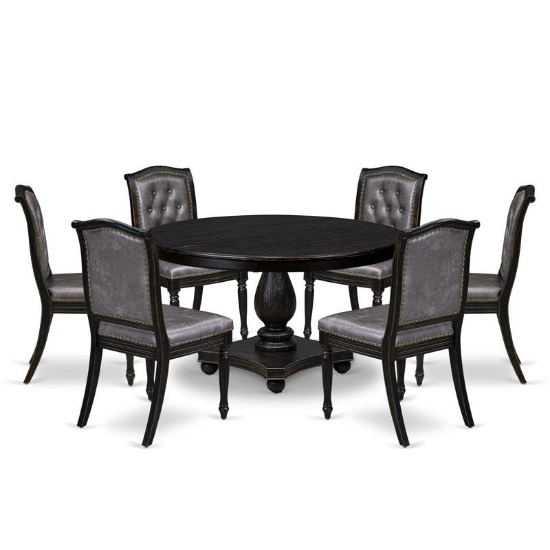 Ensemble de table de salle à manger 7 pièces avec 6 chaises rembourrées en polyester gris foncé, un dossier capitonné et une table de cuisine au fini noir sablé.